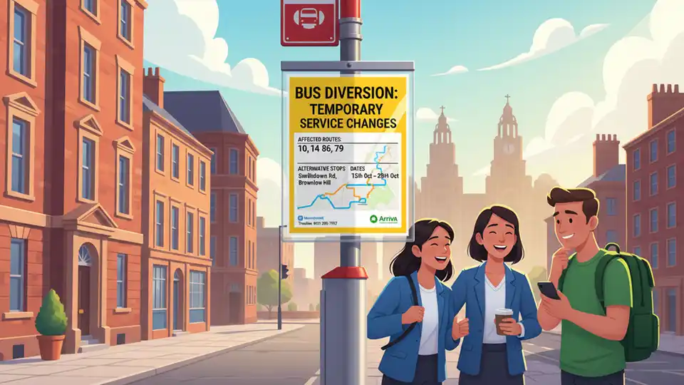Bus route detour sign at Liverpool bus stop showing temporary service changes