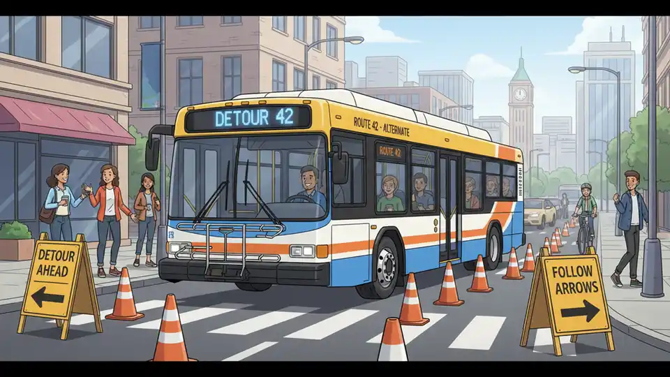 City transit bus navigating detour route on urban street with traffic cones and directional signs