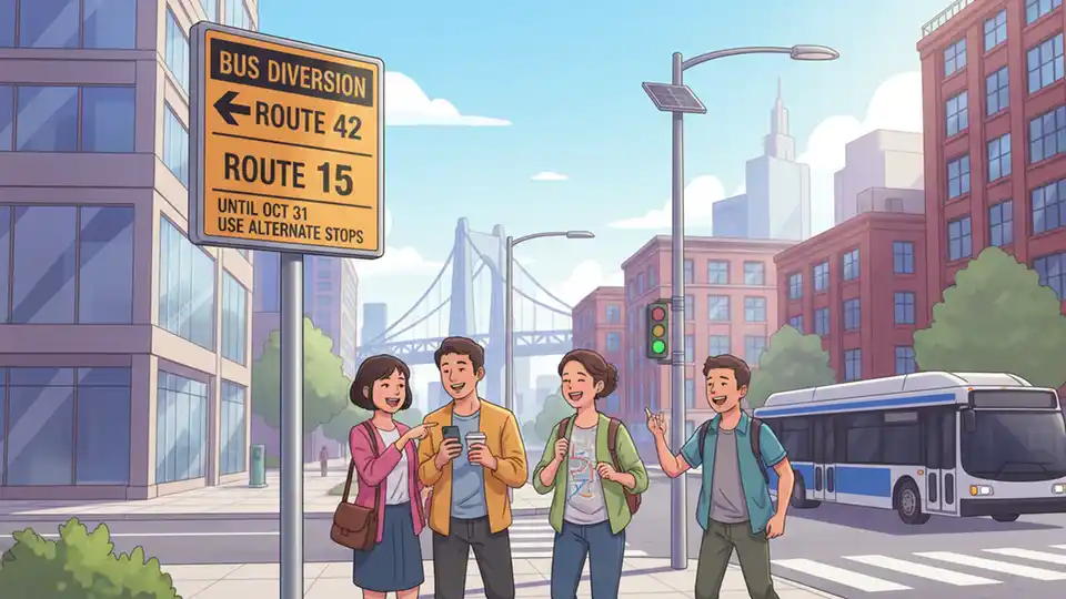 Bus route diversion sign at street corner with directional arrows and route numbers displayed