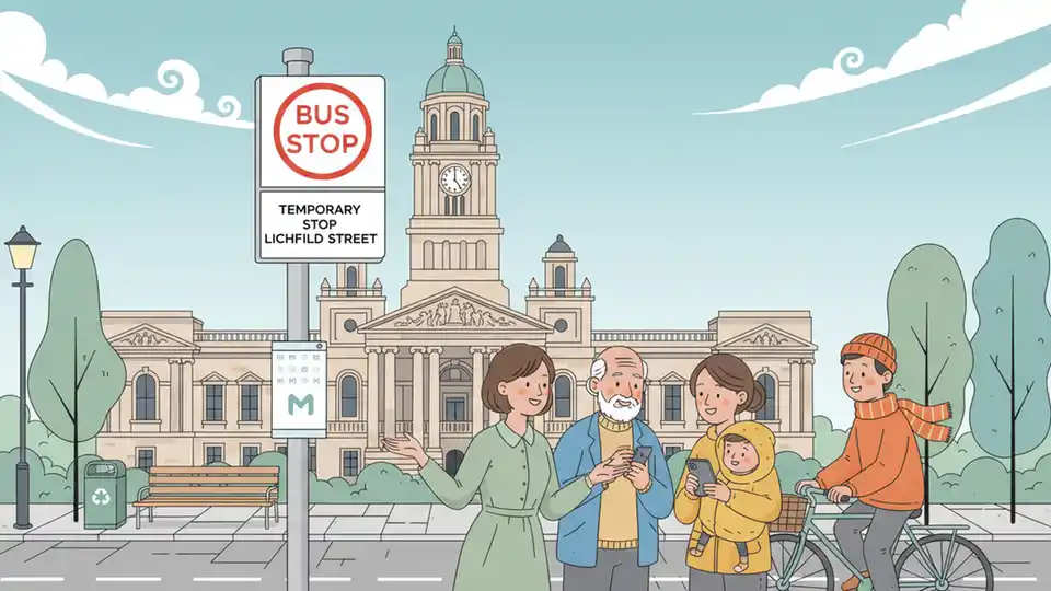 Bus stop sign on Lichfield Street with Town Hall building visible in background, showing temporary stop location