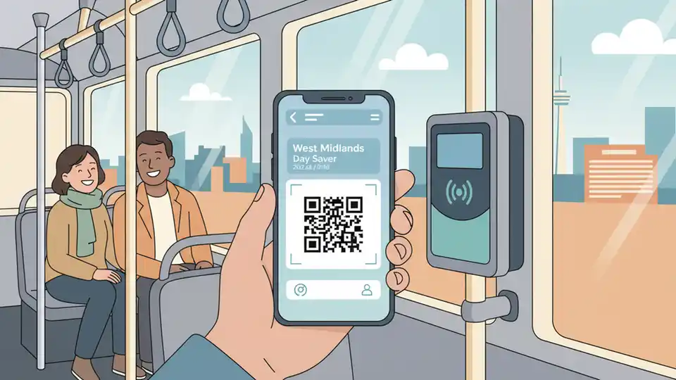 Close-up of smartphone screen showing mobile transit ticket with QR code being scanned at bus fare reader, modern contactless payment technology in public transportation