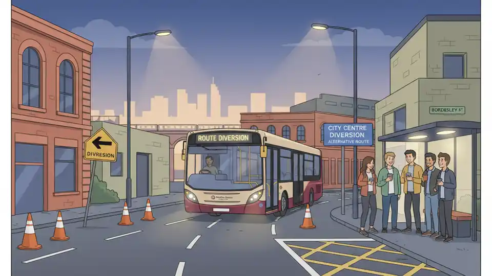 Birmingham bus navigating detour route through Bordesley area at night, showing alternative path with street signs and urban infrastructure visible