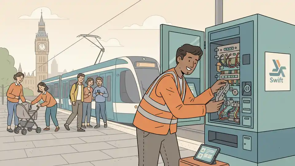 Transit maintenance technician repairing ticket vending machine. Alt text: Transit worker servicing broken ticket machine to restore fare payment service. Composition: Side angle showing technician accessing internal components of ticket machine, emphasizing repair and maintenance work.