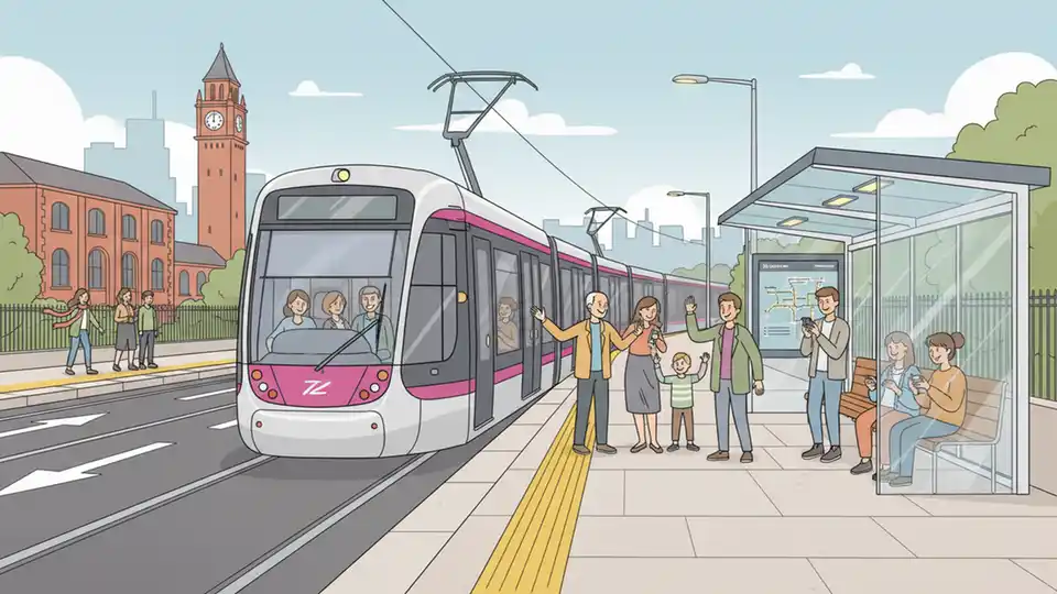 Transit vehicle approaching passenger boarding area at newly constructed stop