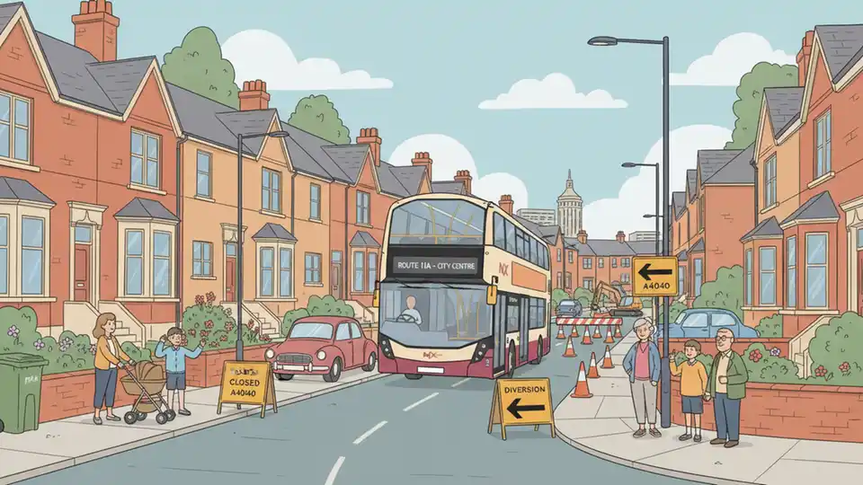 Birmingham area bus navigating residential street detour with clear road signage, showing typical rerouted service operations during roadwork