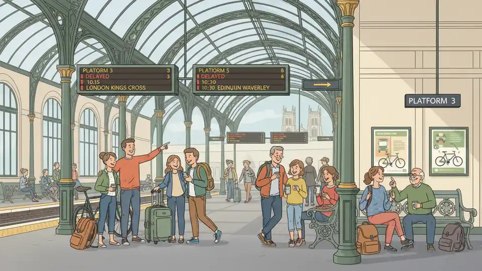 York railway station platform with departure boards showing delayed and cancelled trains, passengers waiting