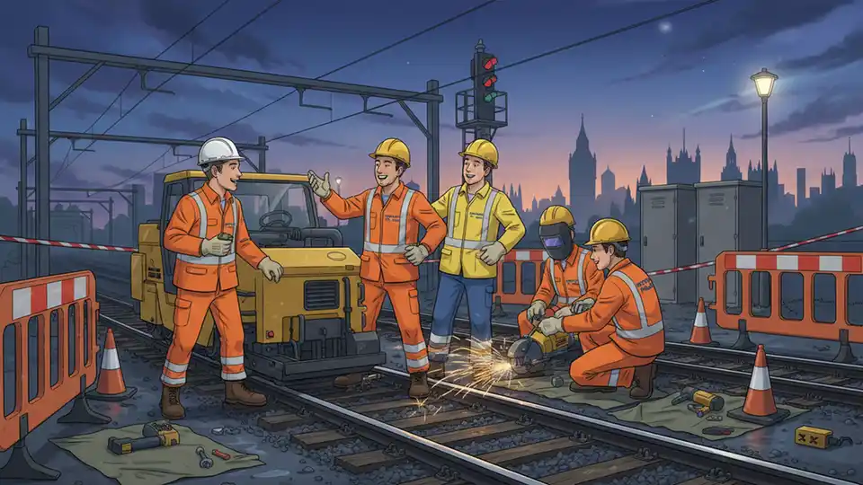 Network Rail engineering crew working on railway tracks with equipment during planned maintenance closure