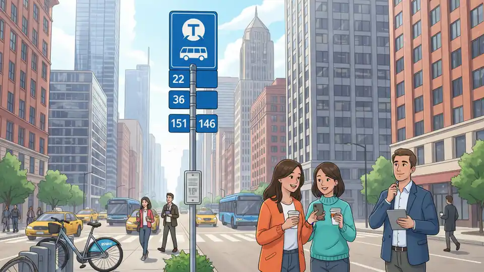 CTA bus stop sign showing multiple route numbers in Chicago downtown area