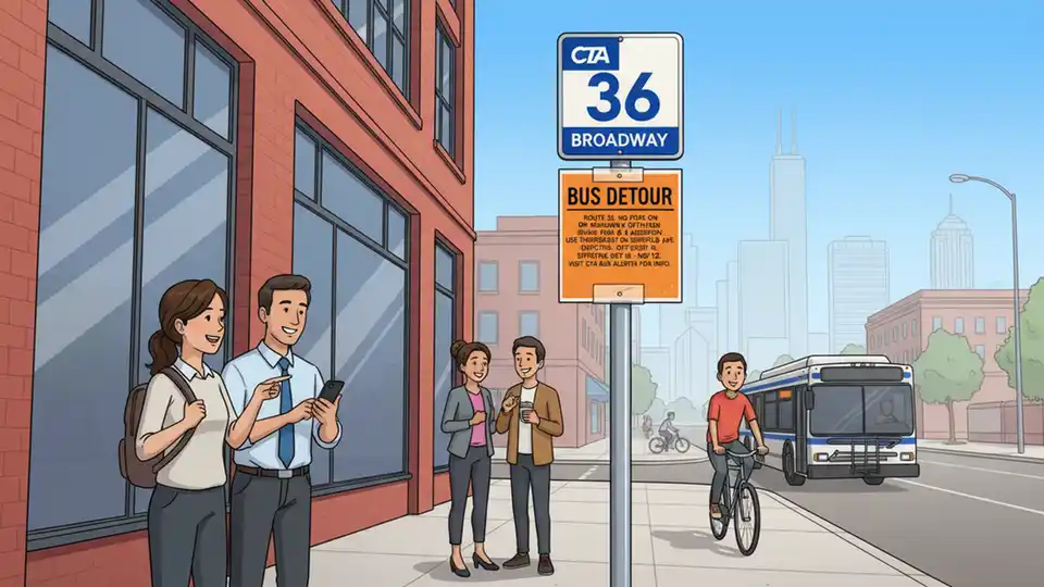 CTA bus stop sign showing Route 36 Broadway with detour notice posted