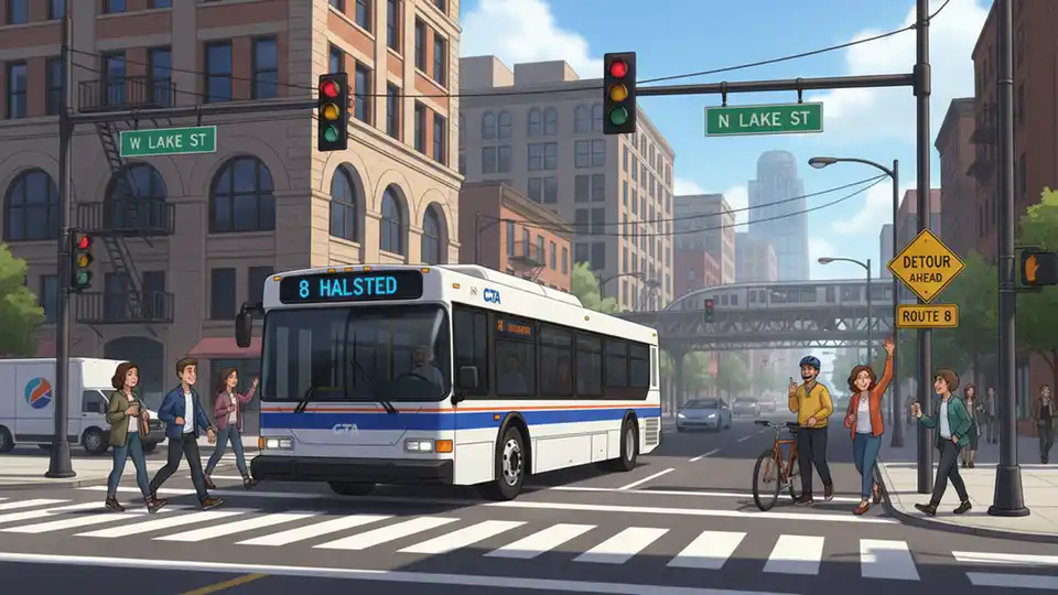 Chicago Transit Authority bus navigating urban intersection with traffic signals and street signs visible showing route detour