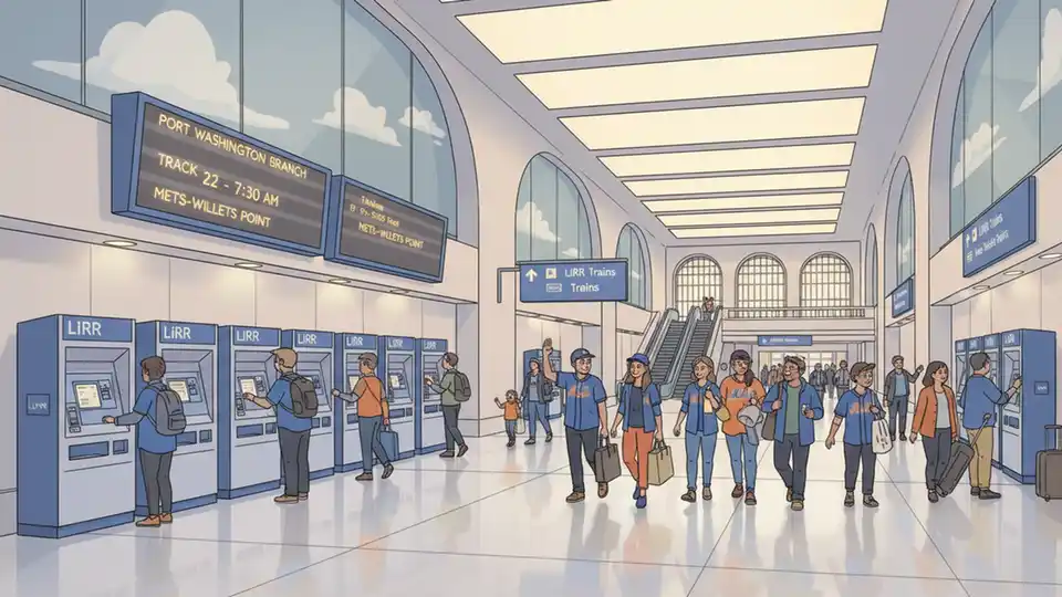 Grand Central Terminal LIRR concourse with passengers and ticket machines, showing connection point for Mets game travel