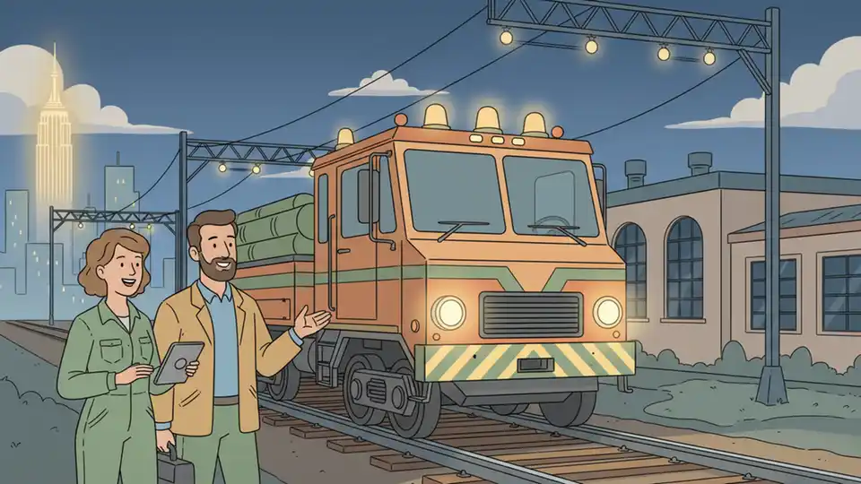 Track inspection vehicle on rail line at night with safety lights illuminated