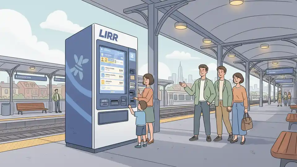 LIRR ticket vending machine at station platform with fare information displayed