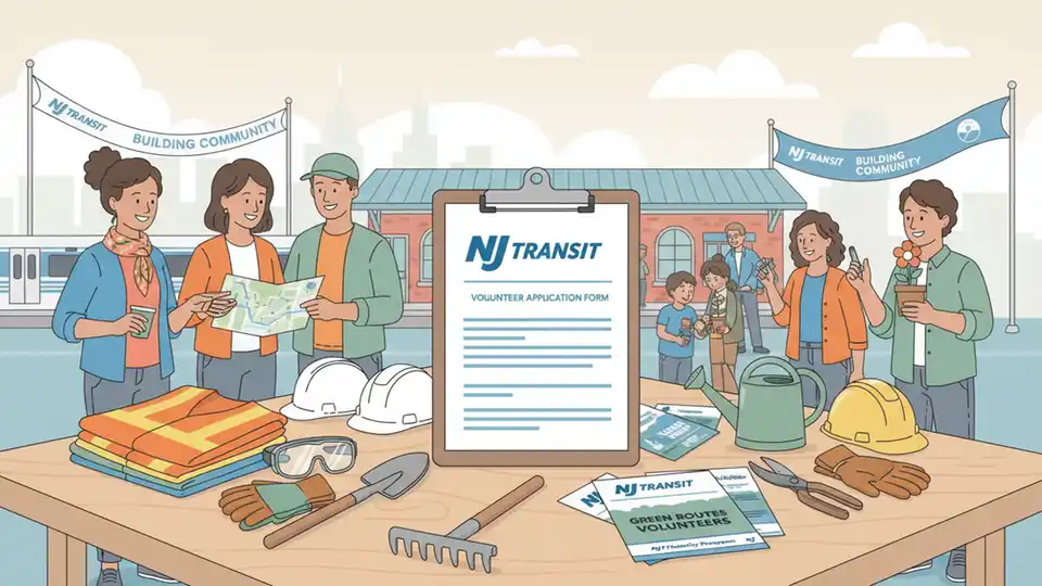 Volunteer application form on clipboard with NJ Transit logo, safety equipment and gardening tools arranged nearby, community program signup materials