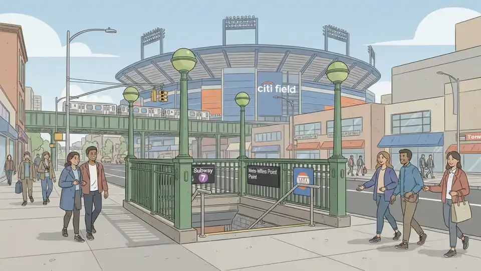 Mets-Willets Point subway station entrance on Roosevelt Avenue with 7 train signage and Citi Field in background