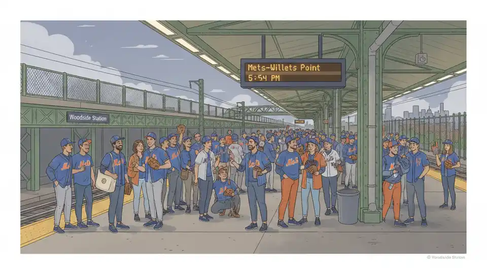 Baseball fans boarding LIRR train at Woodside station platform during evening rush, digital departure board showing Mets-Willets Point destination