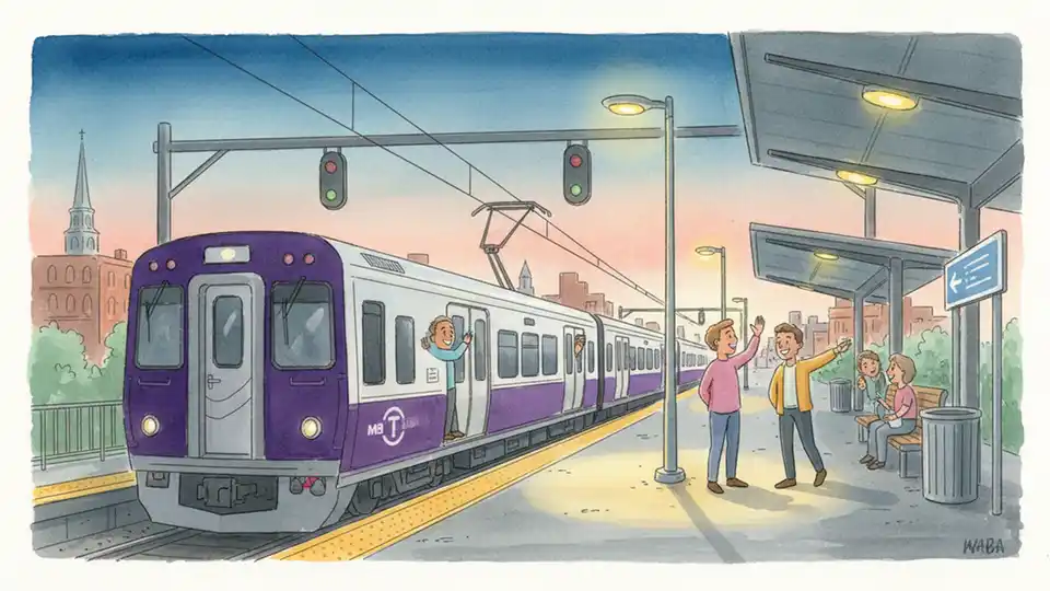 Commuter rail train at platform during early morning hours with station lighting