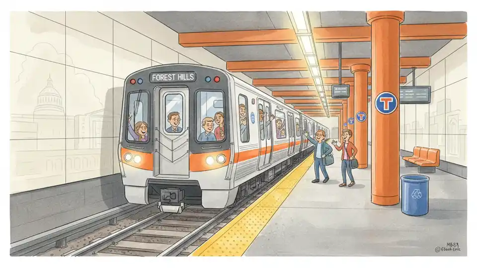 MBTA Orange Line train at station platform with new rail cars