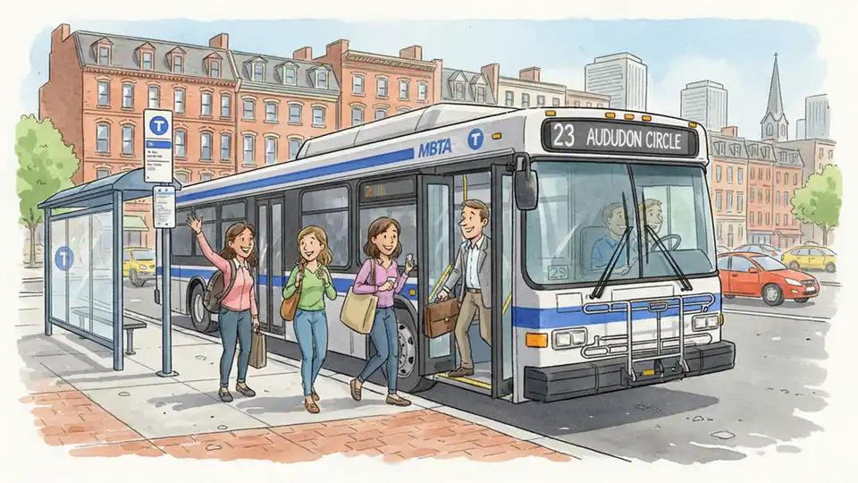 MBTA bus at urban stop with passengers boarding during daytime