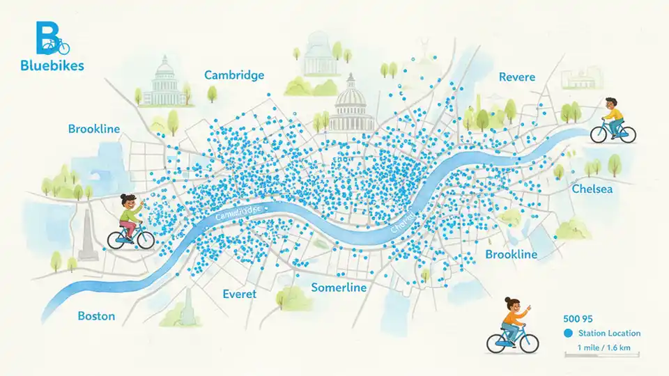 Bluebikes station map display showing 595 station locations across Metro Boston municipalities
