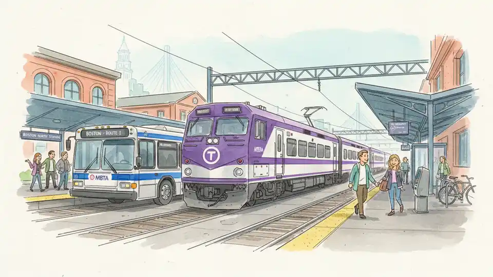 MBTA commuter rail train and bus at transit hub showing multiple service modes