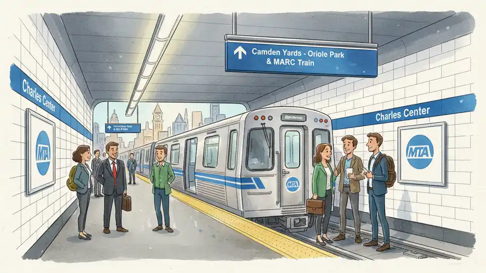 MTA Metro Subway train at Charles Center station platform with directional signage showing connections to Camden Yards area, passengers waiting