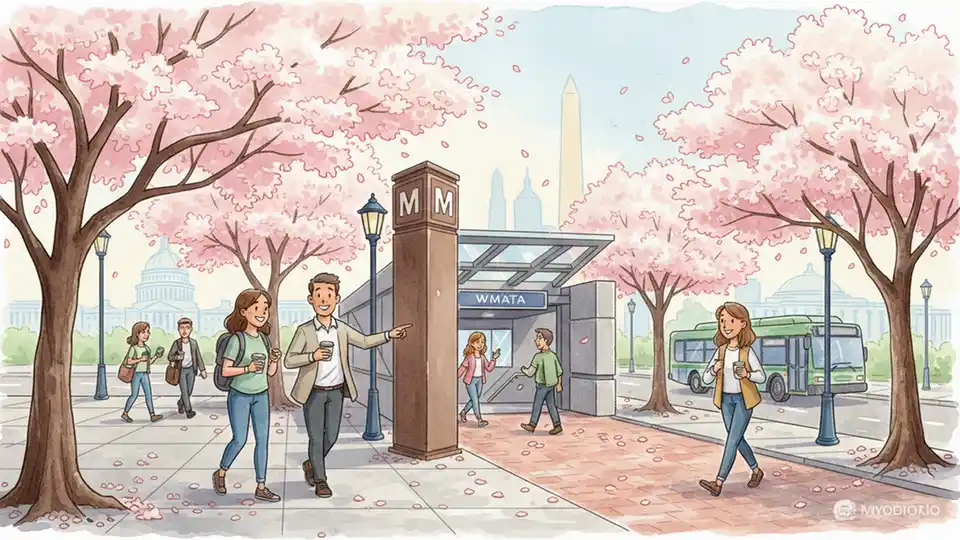 Cherry blossom trees in peak bloom near Washington DC transit station