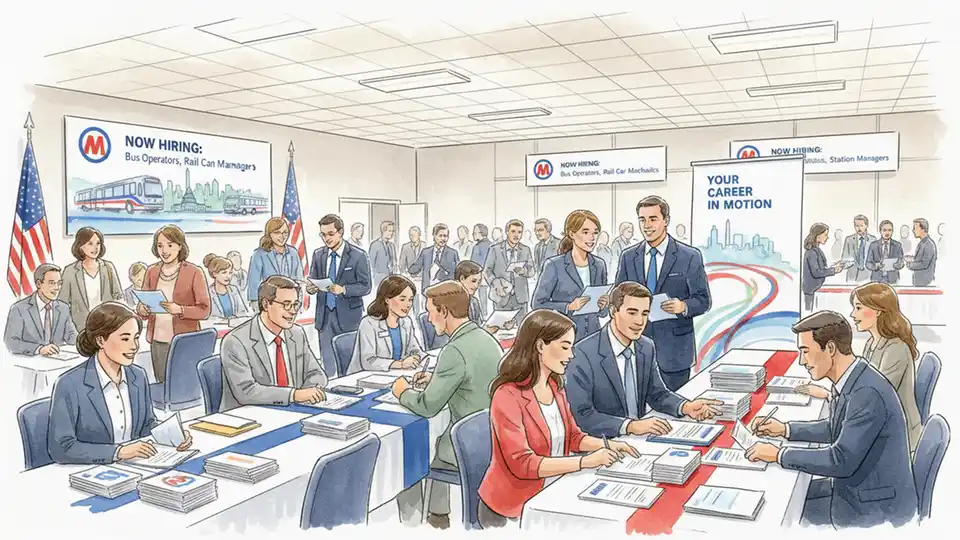 Job applicants reviewing employment materials at transit agency hiring event, showing professional recruitment setting