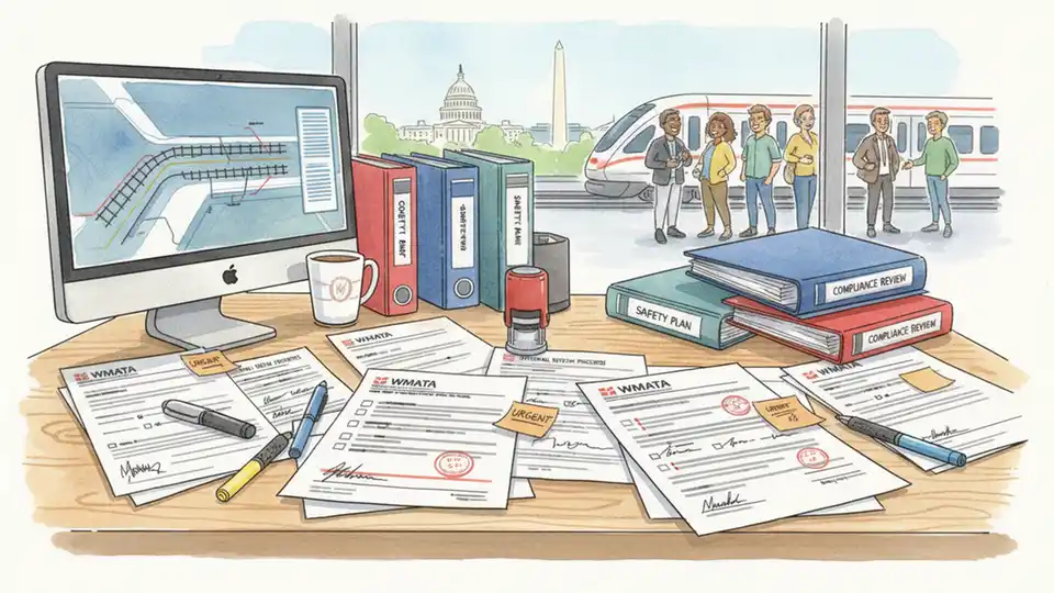 Metro safety inspection documentation and audit paperwork on desk with WMATA safety plan materials, showing internal review process