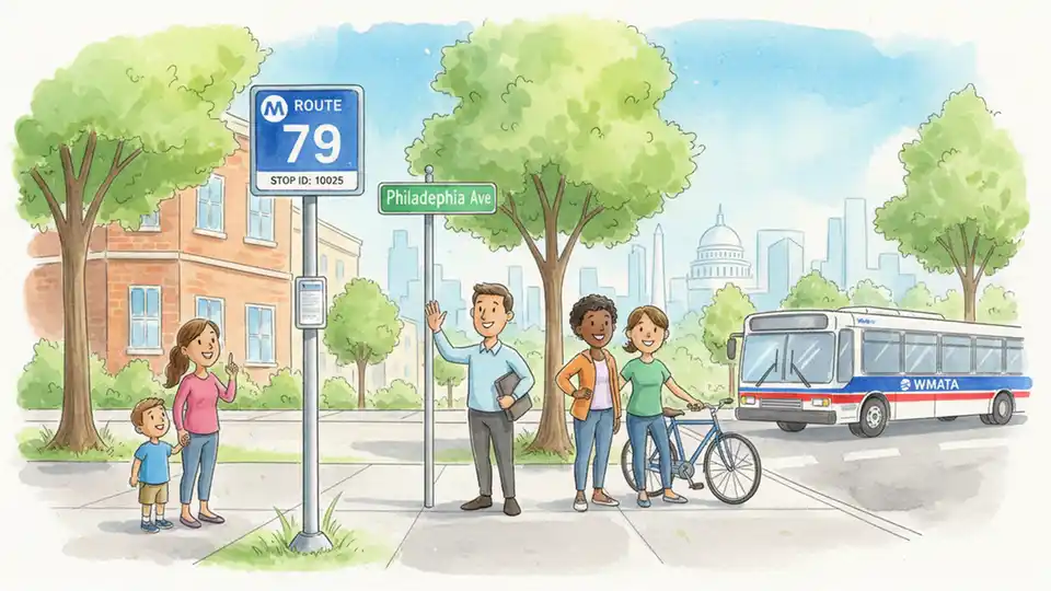 WMATA bus stop sign showing route number and stop ID, with Philadelphia Ave street sign visible in background