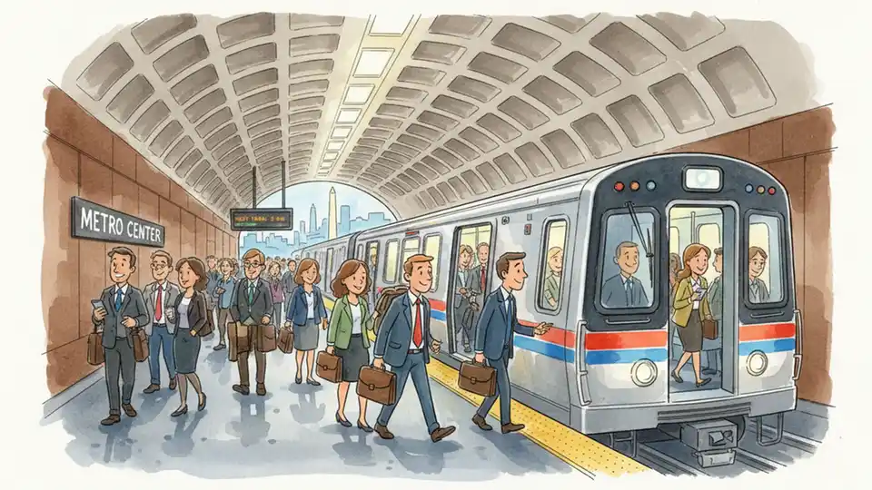 Metro train at platform inside Metro Center station with passengers boarding during morning commute