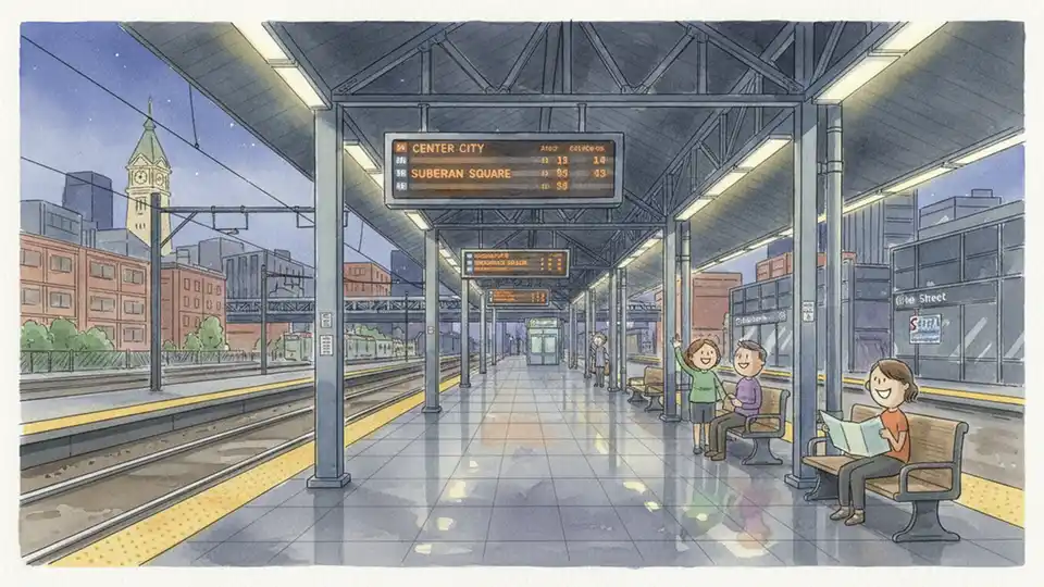 Empty transit platform or station at 69th Street Transit Center during evening hours showing departure board or schedule display