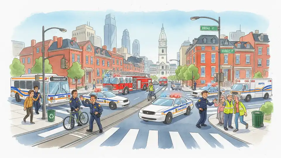 Emergency responders and police vehicles at busy Philadelphia intersection with transit bus
