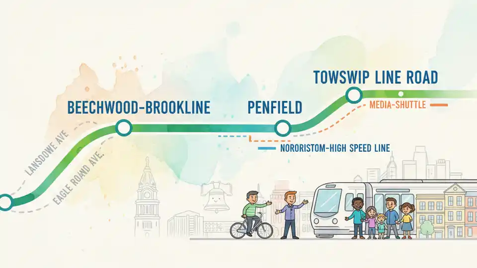 Transit system map showing multiple station locations along a rail line. Alt text: Transit rail line map highlighting Beechwood-Brookline, Penfield, and Township Line Road stations. Composition: Close-up of transit map section showing the three affected stations and connecting rail lines to illustrate service area.