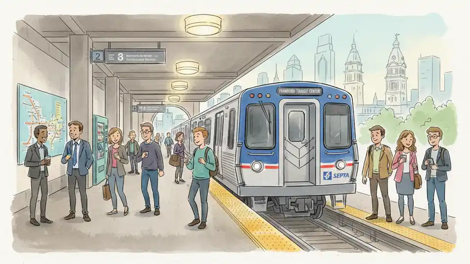 Transit station platform with trains and passengers during normal operations. Alt text: Transit station platform with commuters and train during normal service operations. Composition: Wide shot showing platform, waiting passengers, and train at station to convey resumed normal operations.