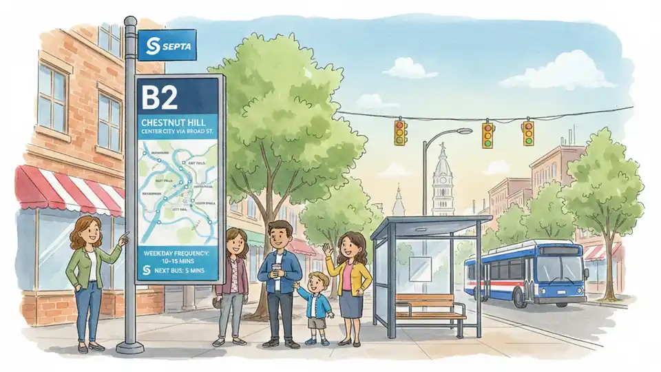 Transit bus route sign showing B2 service information at urban station stop