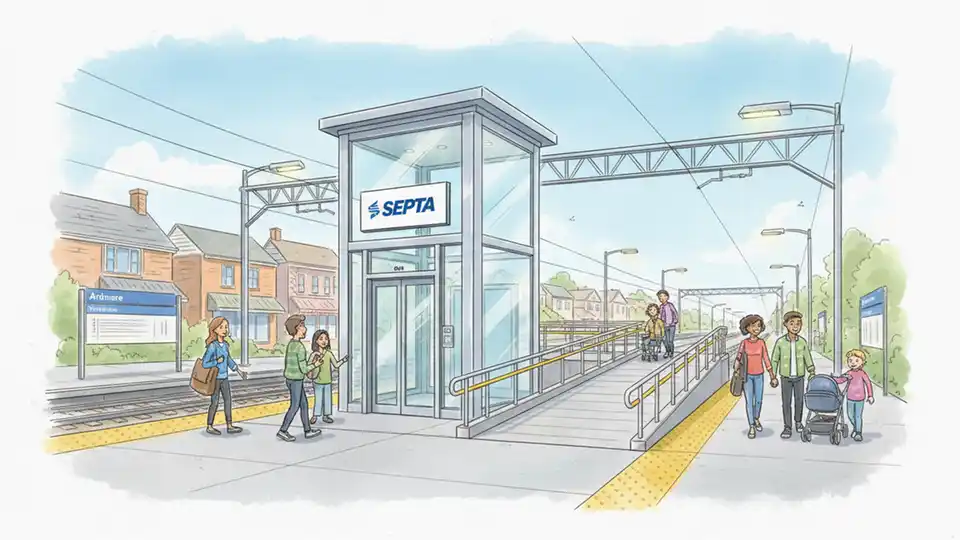 New elevator and wheelchair ramps at SEPTA Ardmore station platform showing accessibility improvements and renovated boarding area for Paoli/Thorndale Regional Rail line