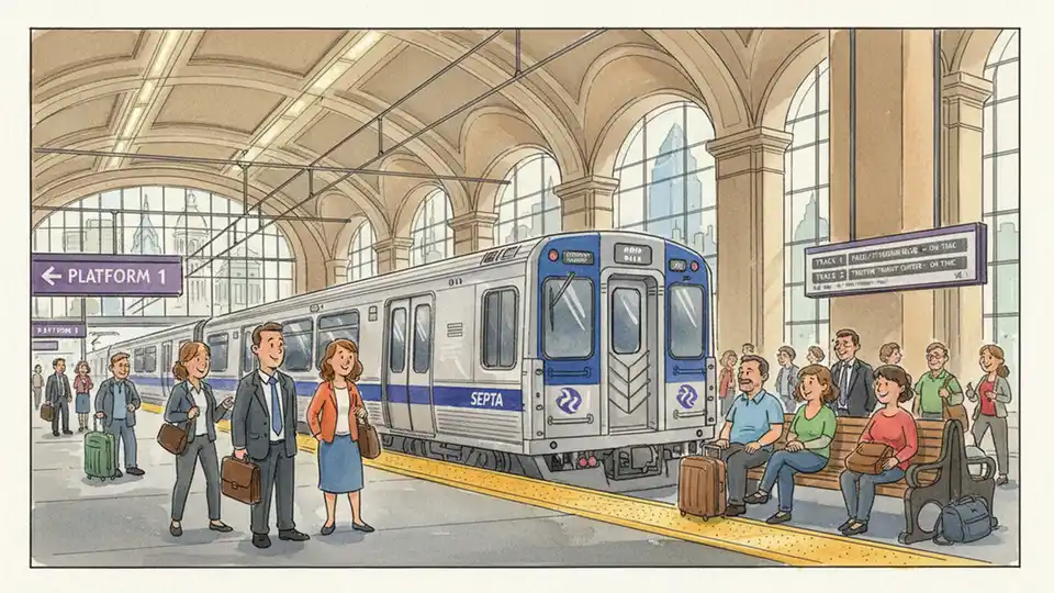 Regional rail train at 30th Street Station platform with passengers waiting