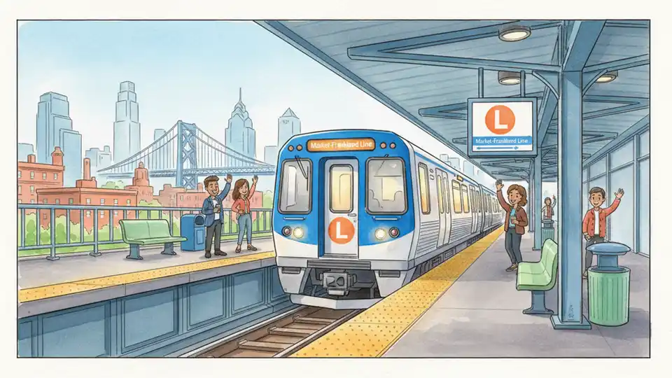 SEPTA L line train approaching station platform with illuminated route signage visible