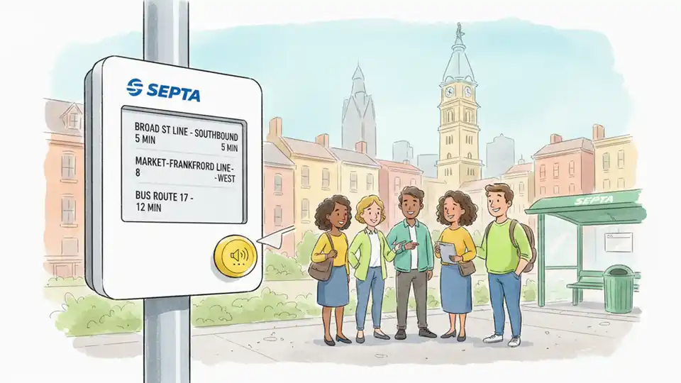 Close-up of accessible e-paper transit display with text-to-speech button for visually impaired riders at SEPTA stop