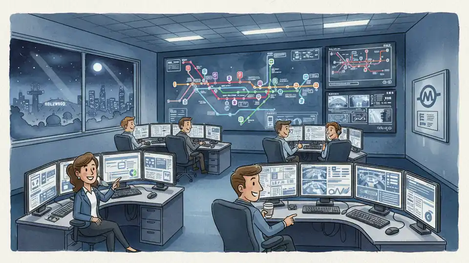 Los Angeles Metro control room with computer monitors and transit system displays, cybersecurity operations center