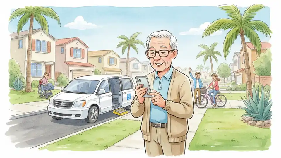Senior citizen using smartphone to request ride-share pickup at Irvine residential location, with accessible transit vehicle visible in background