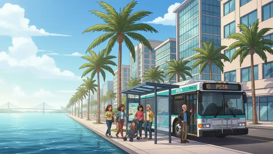 St. Petersburg downtown waterfront with public transit bus at stop near palm trees and modern buildings