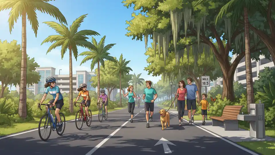Pinellas Trail with cyclists and pedestrians near St. Petersburg transit corridor on sunny day