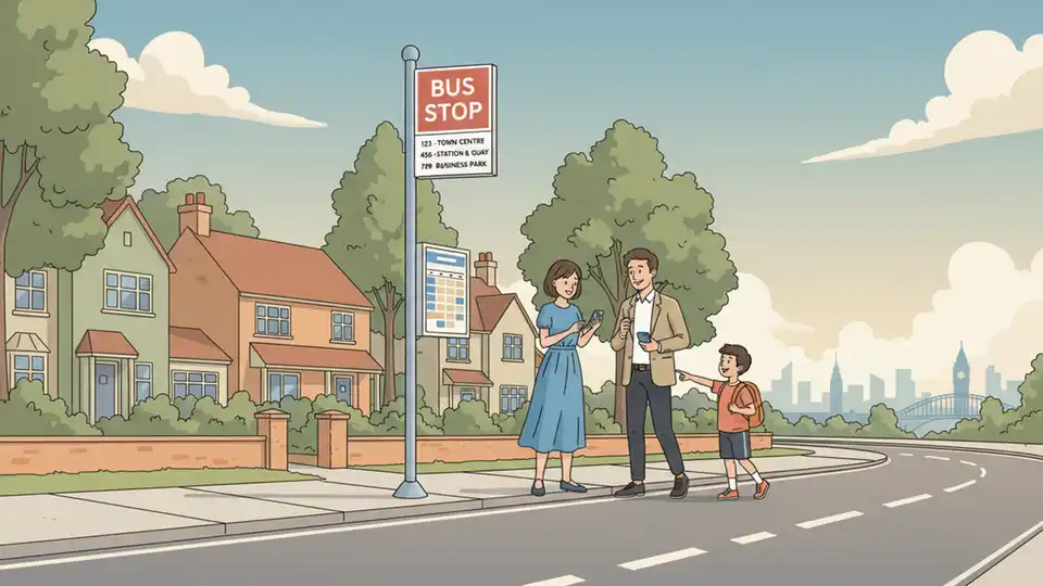 Bus stop sign on Whitehedge Road with route information displayed