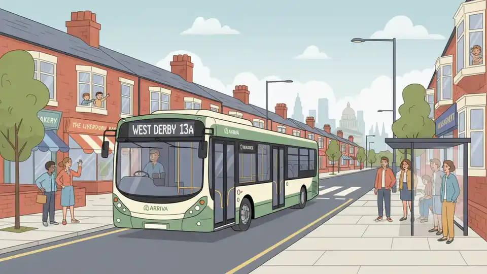 Bus traveling on regular West Derby route showing restored normal service with street and neighborhood visible