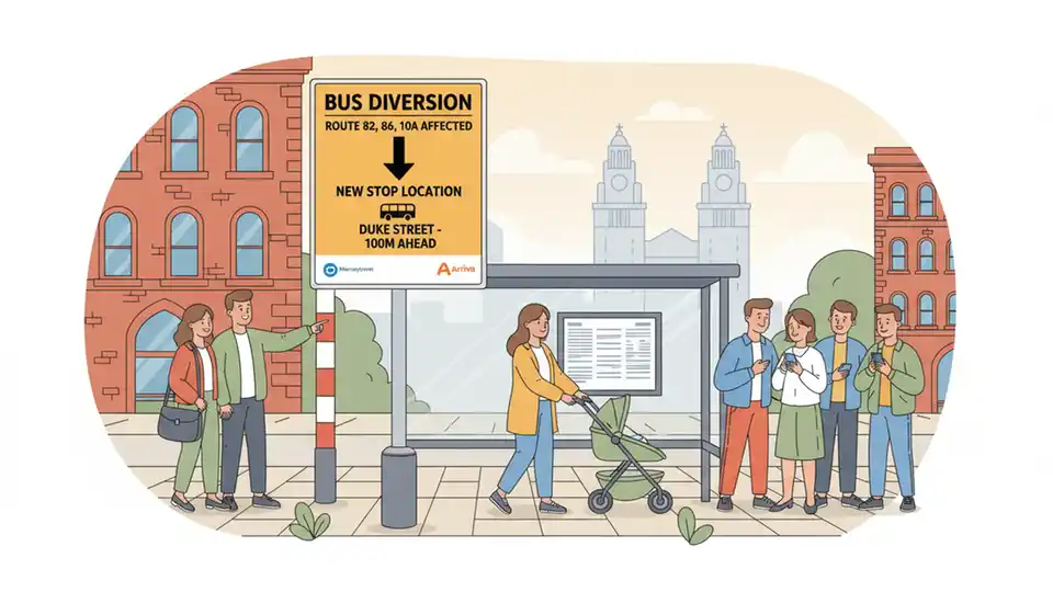 Bus route detour sign at Liverpool transit stop