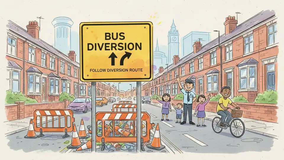 Bus diversion route sign on urban street with residential buildings and road work barriers