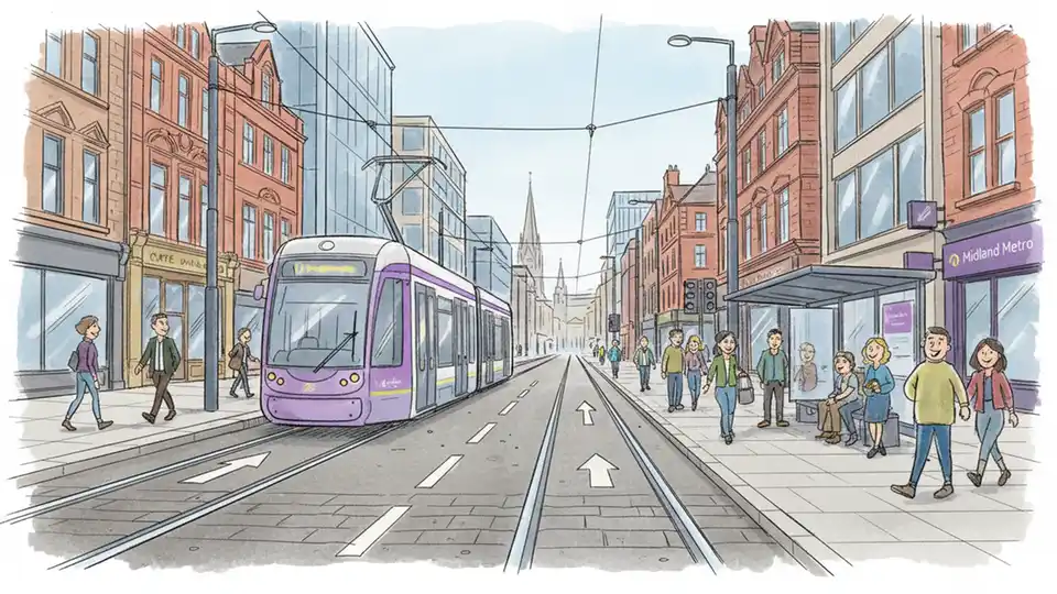 West Midlands Metro tram tracks on Corporation Street in Birmingham city center