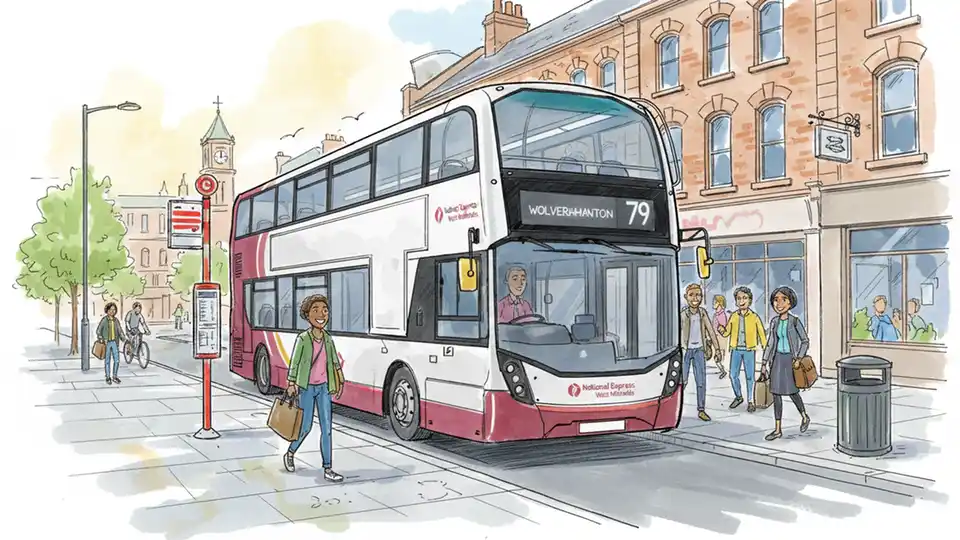 National Express West Midlands Bus 79 at bus stop in Wolverhampton city center